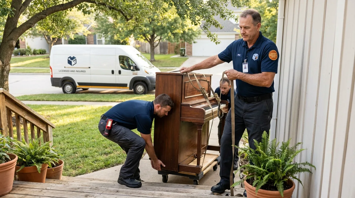 Licensed piano movers securing grand piano in Amity, OR
