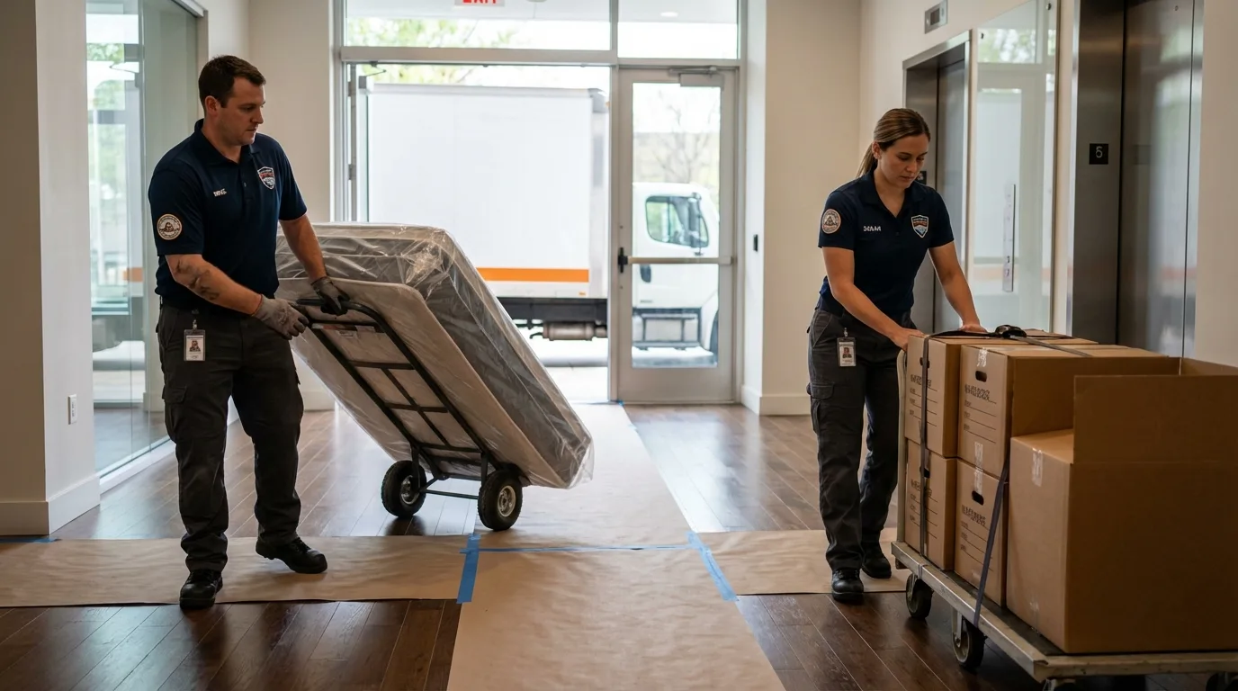 Professional apartment movers loading elevator in Amity, OR